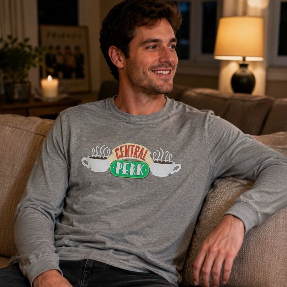Friends Central Perk Long Sleeve Shirt Mens M Grey Graphic TV Show Gift Coffee